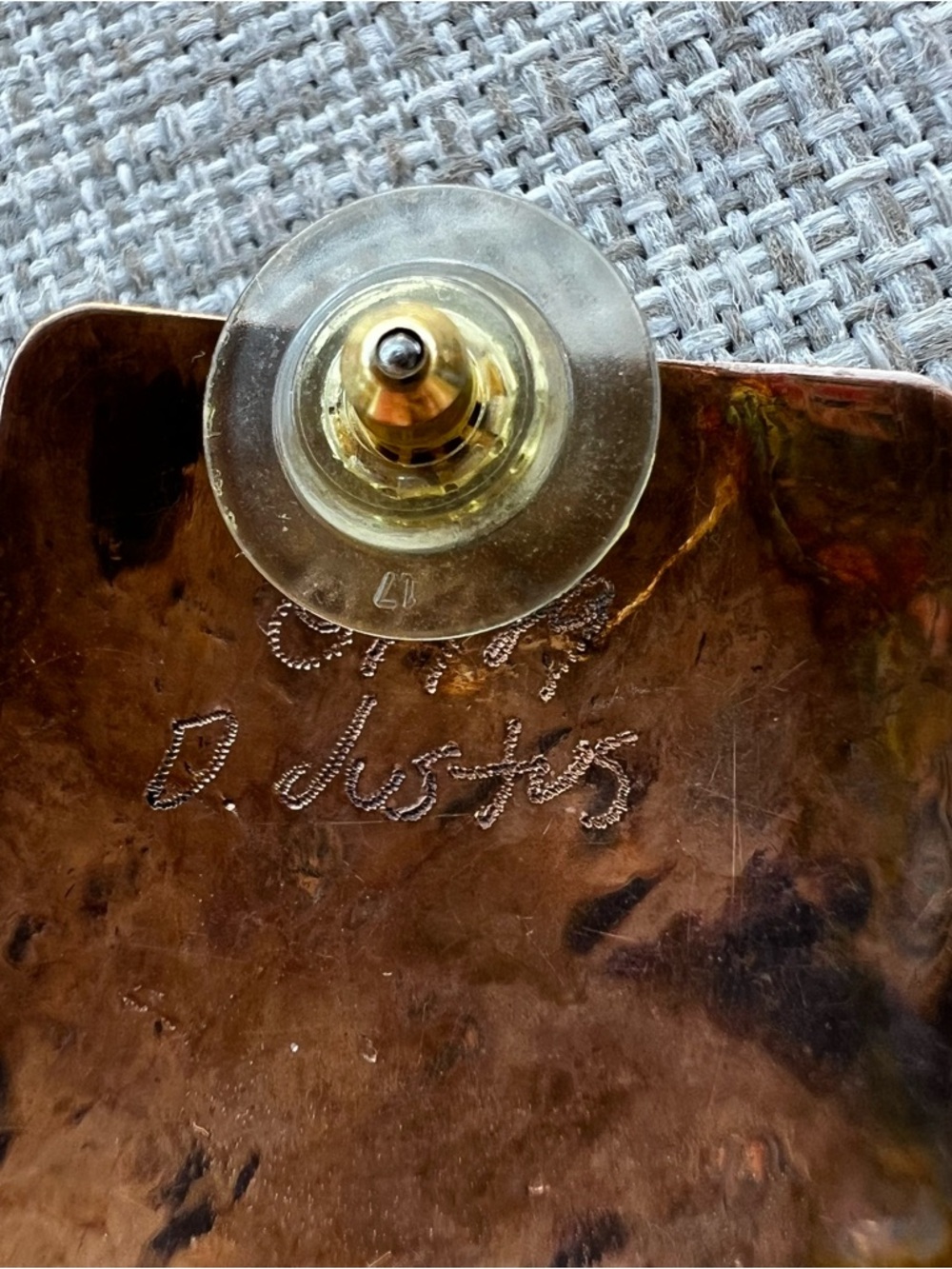 Handcrafted In 1989 Signed By The Artist Square Art Deco Copper Pierced Earrings - Picture 5 of 6